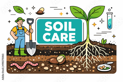 Soil Ecology Growth. Soil, agriculture, ecology, gardening, root systems, testing and organic farming. minimalist editorial vector scenes: a gardener digs