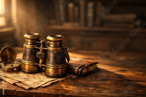 Vintage brass binoculars pocket watch and leather bound book on wooden desk