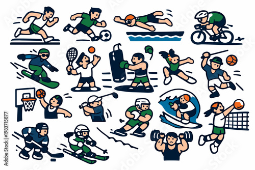 Sports Activity Series flat vector digital illustration, doodle flat, thick outline, expressive characters, simple shapes, playful proportions, exaggerated
