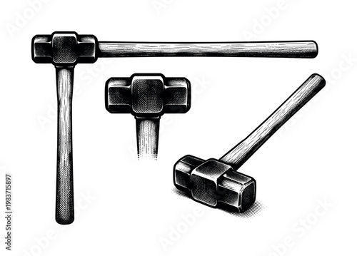 Sledge hammers, heavy double-faced steel sledge hammer with a long wooden handle, shown as the same object in side profile, front-facing head view, and