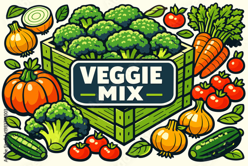 Fresh Vegetable Harvest Fresh Vegetable Harvest clean focused isometric hero scene with oversized vegetable crate and leafy broccoli cluster, one carrot bunch,