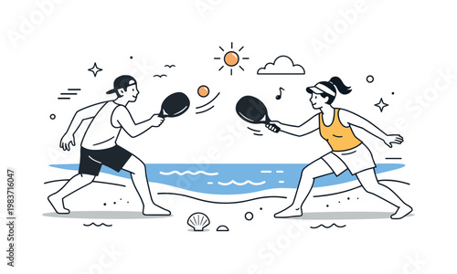 Beach Tennis and Summer Activity. Two players rallying with paddles near the shore, enjoying a lively but friendly game under a bright open sky. The scene