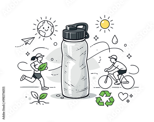 Used water bottle. Slightly squeezed reusable bottle standing upright, visible wear marks and everyday character. Small abstract lines and dots suggest