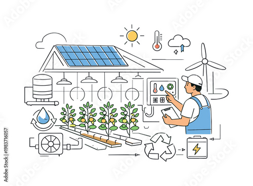 Sustainable greenhouse energy. Bright greenhouse with solar roof panels, plants growing in neat rows, soft light filling the space. Farmer adjusting climate