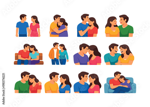 Affection Moments. Colorful flat vector icons set of Affection Moments: couple holding hands, gentle hug, forehead kiss, shared smile, sitting close, walking