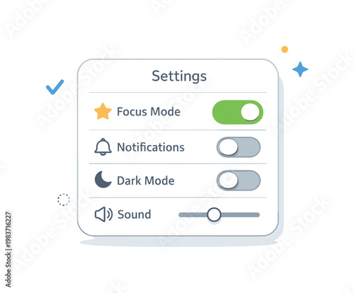 Focus mode interface elements expressed through a minimal settings panel with a highlighted focus switch and secondary icons dimmed. The illustration