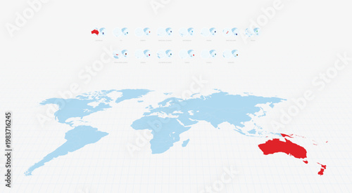 Globe Icons of Oceanian Countries arranged alphabetically and set against a world map with Oceania highlighted in red.