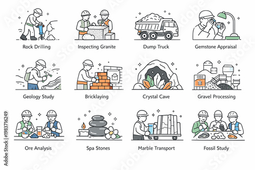 Stone Material Outline Icons. Stone, geology, construction materials, mining, crystals, transport, and industrial engineering. minimalist editorial vector