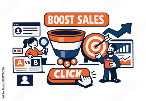 Conversion Rate Stories flat vector digital illustration, doodle flat, thick outline, expressive characters, simple shapes, playful proportions, exaggerated