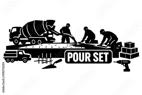 Concrete Construction Works. Solid glyph icon set of concrete and cement construction: cement mixer, concrete slab, construction worker, rebar, trowel, drill,