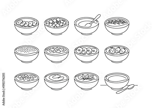 Colorful Smoothie Bowls at Home. Minimalistic set one-line drawing smoothie bowl with sliced banana, bowl with berries topping, spoon resting in bowl, granola
