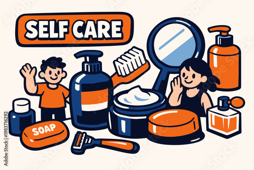 Personal Care Stories flat vector digital illustration, doodle flat, thick outline, expressive characters, simple shapes, playful proportions, exaggerated