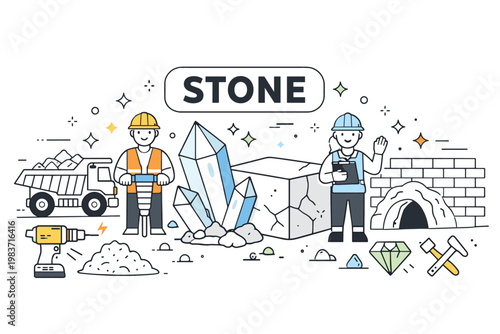 Stone Material Outline Icons. Stone and mineral industry editorial banner with geometric characters beside an oversized crystal and large granite block across