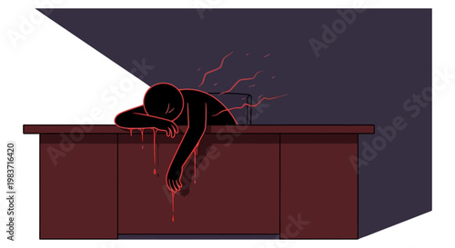 burnout and mental health a stick figure slumps on a desk red liquid dripping symbolizing emotional drain.