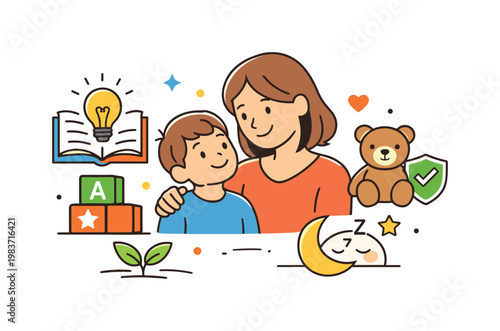 Parenting and child care gentle everyday support centered on a caring adult, a smiling child, and a few nurturing symbols that express safety, learning, and