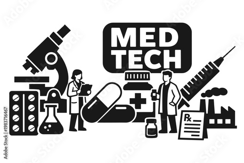 Pharmaceutical Medicine Science Lab. Clean solid/filled composition with scientist and pharmacist beside oversized pill capsule and giant medicine bottle,