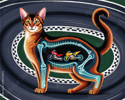 Stylized Cat Anatomy Illustration with X Ray Skeleton and Toy Motorcycles on Racing Track Background in Vibrant Retro Art