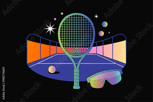 Neon Tennis Court Illustration with Racket Ball and Sport Sunglasses in Retro Futuristic Cosmic Style on Black Background