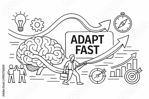 Adaptive Skills Growth. Line icon set of adaptability and flexible skills: flexible arrow, brain, compass, growth chart, gear, change cycle, innovation bulb,