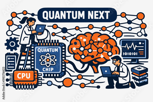 Quantum Computing Stories flat vector digital illustration, doodle flat, thick outline, expressive characters, simple shapes, playful proportions, exaggerated