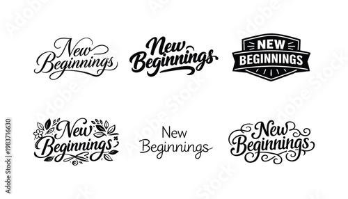 New Beginnings. Set lettering. harmonious lettering variations of the same emblematic concept, each with different artistic interpretation (Elegant script with