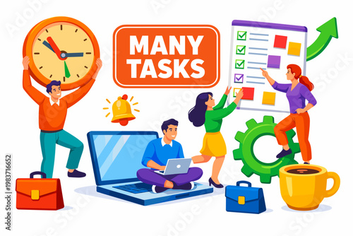 Multitasking Work Balance busy professionals juggling an oversized clock and task board across the full canvas, three stylized human characters interacting