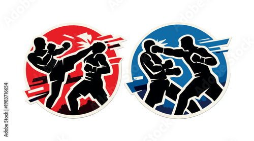 Comic fight scene silhouettes, simplified retro silhouettes of fighters captured in dramatic pose, red and blue circular frames enclosing the action, abstract