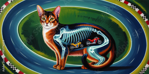 Surreal cat anatomy illustration with xray skeleton and miniature motorcycles inside body on racetrack in vibrant pop art style