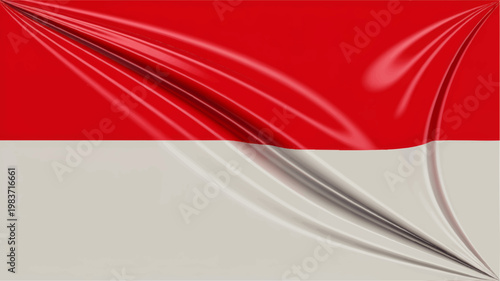 Waving national flag of Indonesia or Monaco featuring red and white horizontal bands on stretched glossy silk fabric