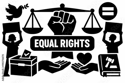 Human Rights Advocacy. Solid glyph icon set of human rights and activism: protest fist, balance scale, equality sign, peace dove, voting box, law book, charity