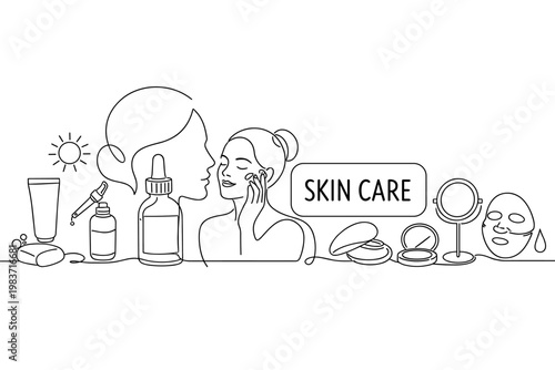 Skincare Beauty Routine. Clean one-line drawing banner scene of a woman applying cream beside an oversized face silhouette and large serum bottle, with lotion
