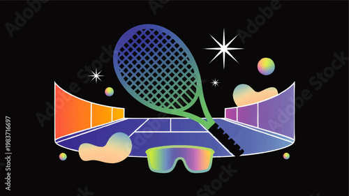 Colorful futuristic tennis court illustration with racket visor and neon gradient sports design on black background