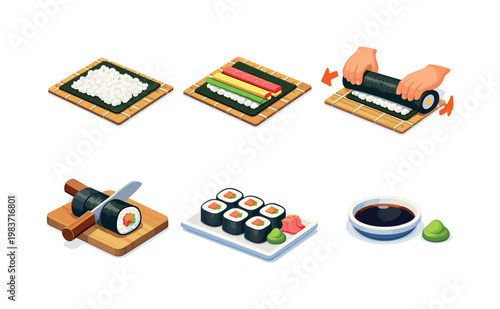 Sushi Making Process. Isometric flat vector icons set of sushi making process: rice spreading on nori, ingredient layering step, rolling action arrows, cutting