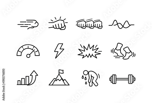 Training intensity. Line icon set of Training intensity: speed burst, power punch, rapid combo, endurance wave, intensity meter, energy lightning, explosive