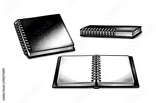 Planner ? realistic spiral-bound planner with metal coil and thick paper. Black and white dot style with halftone texture and high contrast. Halftone texture