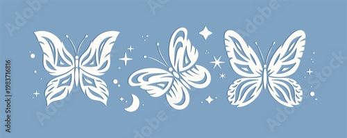 Set of  Stylized White Butterflies Vector Illustration, Handmade 