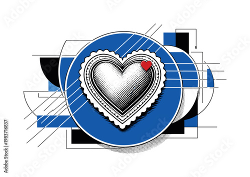Black and white engraved heart-shaped postal seal enlarged, bold cobalt blue geometric circle intersected by sharp white linear grid, abstract rectangles and