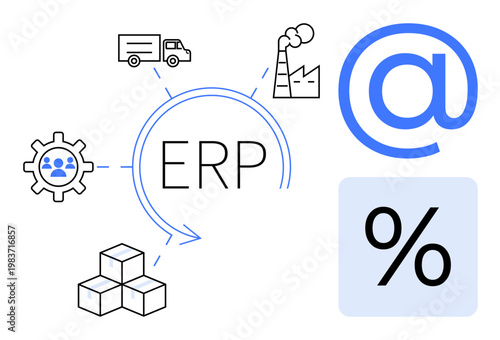 Enterprise planning, digital transformation, finance management, manufacturing optimization, business process control, and supply chain efficiency. Central ERP text linking icons. ERP and finance