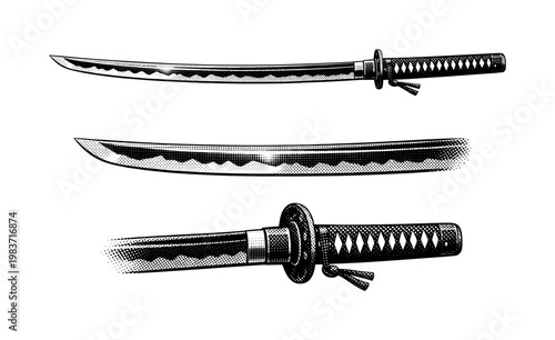 Samurai Sword ? folded steel katana. A traditional folded steel katana with visible hamon line and polished blade presented as one isolated object displayed in