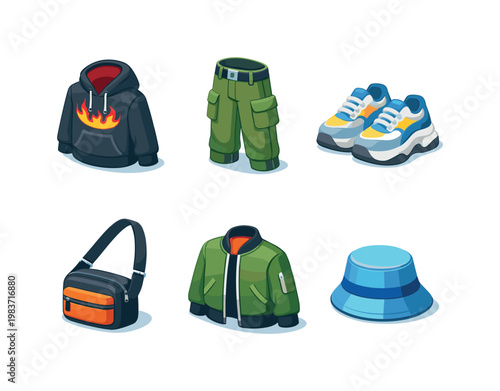 Streetwear essentials. Isometric flat vector icons set of streetwear essentials: graphic hoodie, cargo pants, chunky sneakers, bomber jacket, crossbody bag,