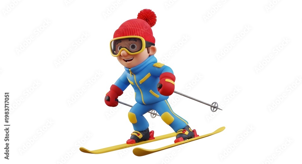 Obraz premium Cartoon boy skiing down a slope in a blue ski suit and red hat