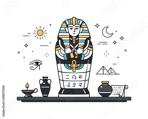 Sarcophagus ancient artifact. Calm editorial scene featuring a stylized sarcophagus displayed as a historical object. Sense of mystery and respect with subtle