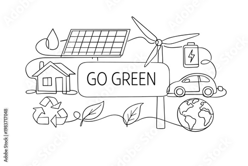 Green Energy Series. Clean one-line drawing composition with an oversized solar panel and large wind turbine stretching edge to edge, one eco house and one