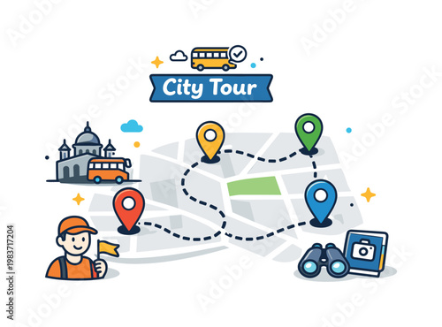 City tour route focused on a simplified map with connected stop markers, a small landmark icon, and a sense of guided urban exploration. The image expresses