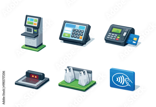 Self-checkout kiosk. Isometric flat vector icons set of self-checkout kiosk: freestanding payment kiosk, touchscreen payment interface, embedded card terminal,