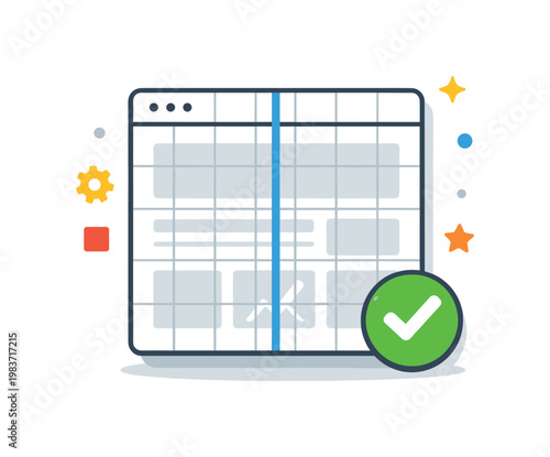 UI designer layout grid with a highlighted alignment guide and subtle checkmark, suggesting polished composition, visual harmony, and design readiness for