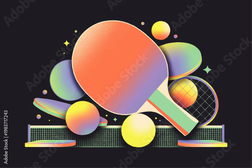 Colorful surreal table tennis illustration with paddles balls planets and stars on dark background, playful retro sports artwork
