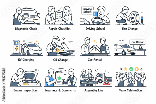 Car Automotive Outline Icons. Cars, driving, repair, diagnostics, charging, maintenance, transport, and garage service. minimalist editorial vector scenes: a