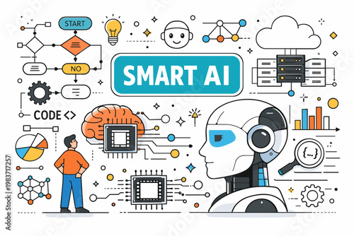 Artificial Intelligence Systems. Clean editorial banner about AI technology and machine learning, one engineer observing an oversized robot head beside a brain