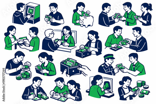 Teamwork Collaboration Network. Clean outline banner scene of business teamwork and collaboration: three coworkers connecting ideas across full canvas,